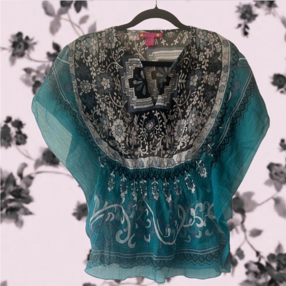 Sugar Teal and Black Floral Blouse